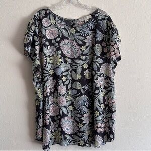 LOFT Women's Black Floral Blouse Size 24 EUC Pink Blue